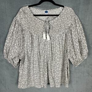 Old Navy Top Women 3X Cream Floral Loose Flowy Cottage Boho Short Sleeve Peasant